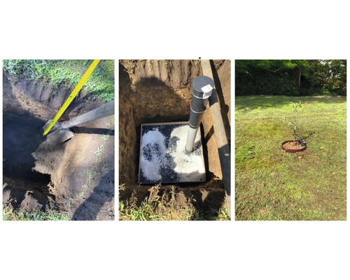 Image en trois parties : tuyau de drainage dans un fossé, regard de contrôle dans le jardin, jeune arbre dans le jardin.