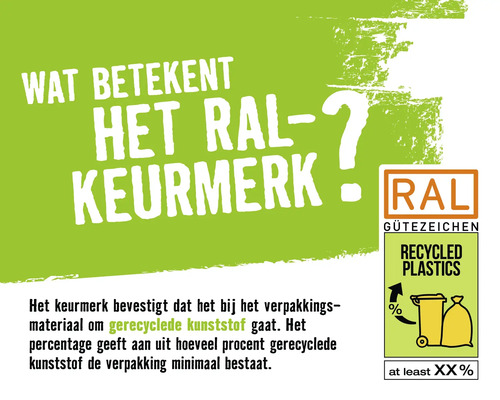 Label de qualité RAL Plastiques recyclés : Indique que l’emballage contient du plastique recyclé et indique le pourcentage.