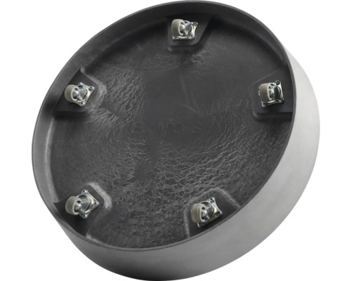 Face inférieure d''une jardinière ronde avec cinq roulettes