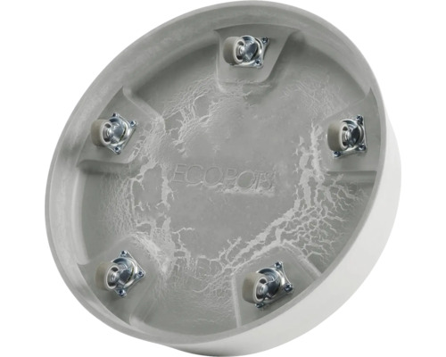 Unterseite eines runden Pflanzgefäßuntersatzes mit Rollen