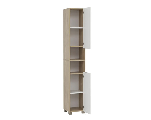 Armoire haute avec plusieurs étagères et deux portes ouvertes