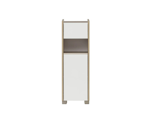 Armoire haute avec une porte et un compartiment ouvert pour la salle de bain