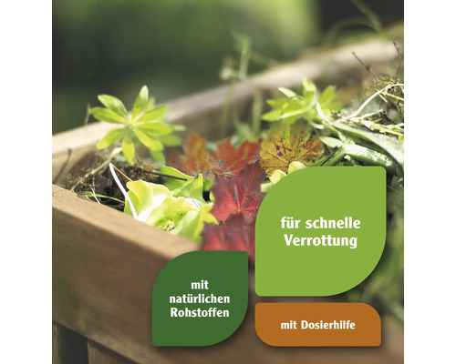 Kompostbeschleuniger für schnelle Verrottung mit natürlichen Rohstoffen und Dosierhilfe.