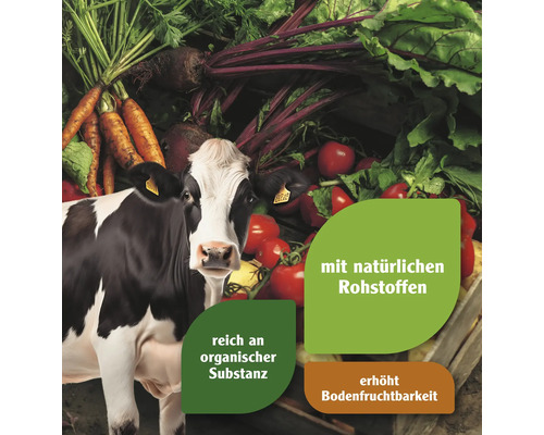 Eine Kuh vor Karotten, Rüben und Tomaten mit dem Text: Mit natürlichen Rohstoffen, reich an organischer Substanz, erhöht Bodenfruchtbarkeit.