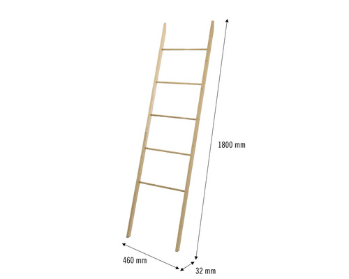 Holzleiter mit sechs Sprossen und den Maßen 1800 mm Höhe, 460 mm Breite und 32 mm Tiefe.
