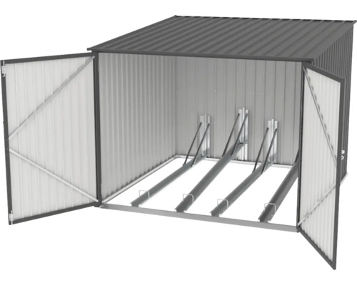 Garage à vélos avec portes ouvertes et range-vélos intégrés