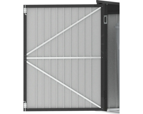 Geöffnete Gartengerät-Schranktür aus Metall