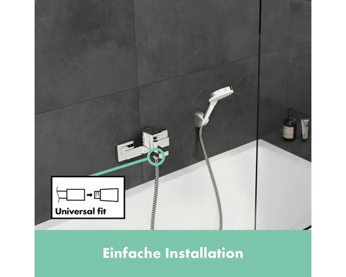 Badarmatur mit Brause und Hinweis auf universelle Passform