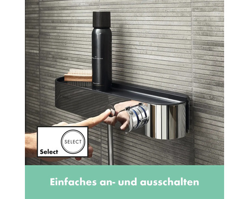 Robinet de douche avec étagère et bouton Select pour une utilisation facile.