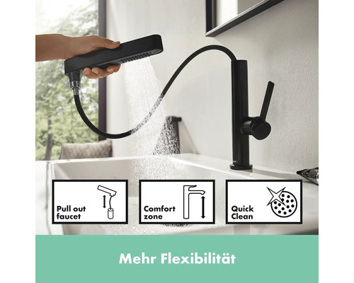 Robinet de lavabo noir avec douchette extractible et symboles pour fonction extractible, zone de confort et nettoyage rapide.