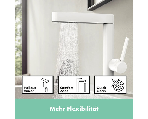 Robinet de lavabo blanc avec fonction extractible, zone de confort et fonction Quick Clean.