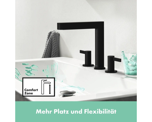 Waschtischarmatur in Schwarz mit Comfort Zone auf einem Waschbecken