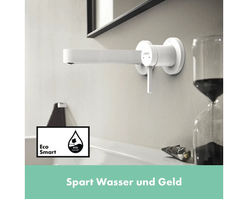 Aufputz-Waschtischarmatur in einem Badezimmer mit EcoSmart-Symbol. EcoSmart kennzeichnet Produkte, die Wasser sparen.