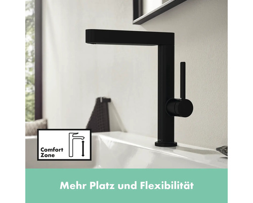 Mitigeur de lavabo noir sur un lavabo avec symbole de zone de confort
