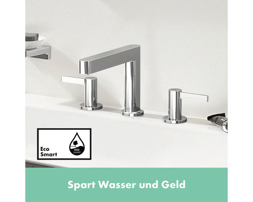Drei-Loch-Waschtischarmatur aus Metall mit EcoSmart-Symbol