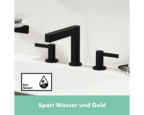 Schwarze Waschtischarmatur mit drei Löchern und Eco Smart Symbol