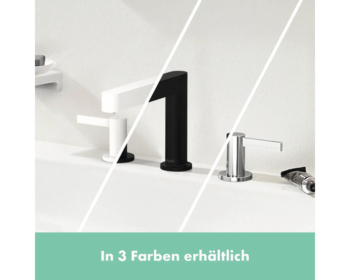 Verschiedene Waschtischarmaturen in den Farben Weiß, Schwarz und Chrom