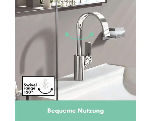 Robinet de lavabo avec bec pivotant et porte-savon sur un lavabo