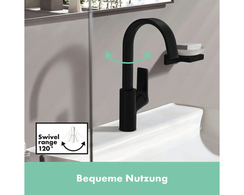 Mitigeur de lavabo noir pivotant avec porte-savon au-dessus d''un lavabo