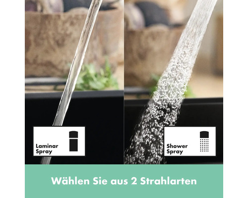 Zwei Strahlarten einer Armatur: Laminarstrahl und Brausestrahl.