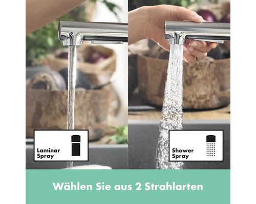 Comparaison d''un robinet de cuisine avec jet laminaire et jet douche.