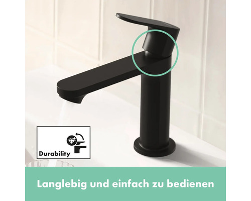 Mitigeur de lavabo noir avec symbole de durabilité