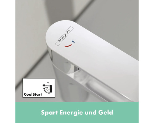 Hansgrohe Logo auf einem Wasserhahn mit CoolStart Symbol