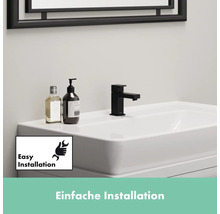 Waschbecken mit schwarzer Armatur und Hinweis auf einfache Installation