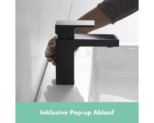 Schwarze Waschtischarmatur mit Pop-Up Ablaufgarnitur