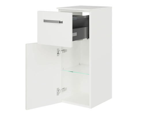 Offener weisser Hängeschrank mit Schublade und Glasregal