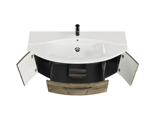 Waschtisch mit offenem Unterschrank, Schublade und zwei Türen