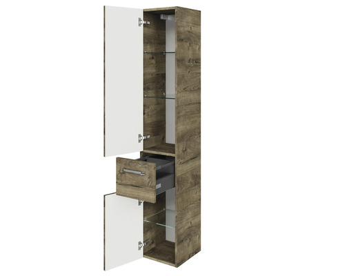 Armoire haute avec portes ouvertes, tiroir et étagères en verre