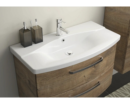 Waschtischunterschrank mit Waschbecken, Armatur, Seifenspender und Zahnputzbecher