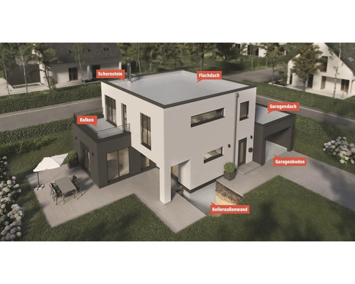 Vue d''une maison avec toit plat, balcon, garage et jardin