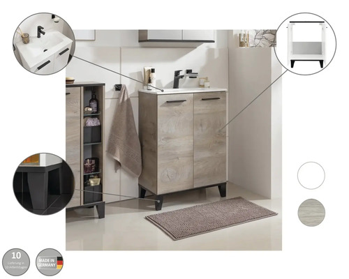 Salle de bains avec meuble sous-lavabo, lavabo, tapis de bain et armoire haute