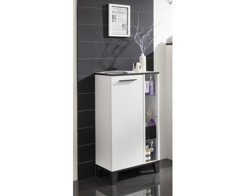 Meuble de salle de bains avec porte et étagères ouvertes pour les accessoires de bain.