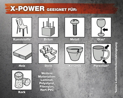 X-Power geeignet für Kunststoffe, Beton, Metall, Glas, Holz, Stein, Keramik, Porzellan, Kork, Laminat, Polystyrol, Fiberglas, Hart-PVC