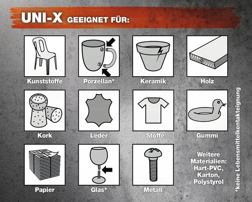 UNI-X geeignet für Kunststoffe, Porzellan, Keramik, Holz, Kork, Leder, Stoffe, Gummi, Papier, Glas und Metall. Nicht für den Kontakt mit Lebensmitteln geeignet.