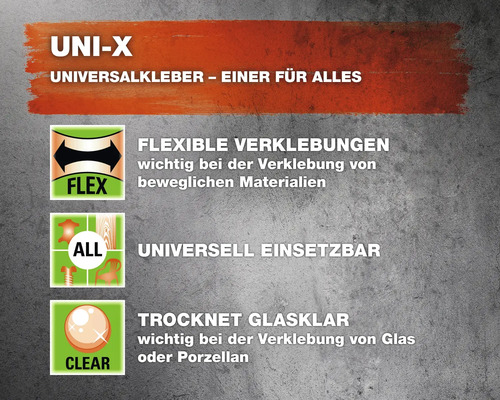 Produktinformationen zu UNI-X Universalkleber: flexibel, universell einsetzbar und trocknet glasklar.