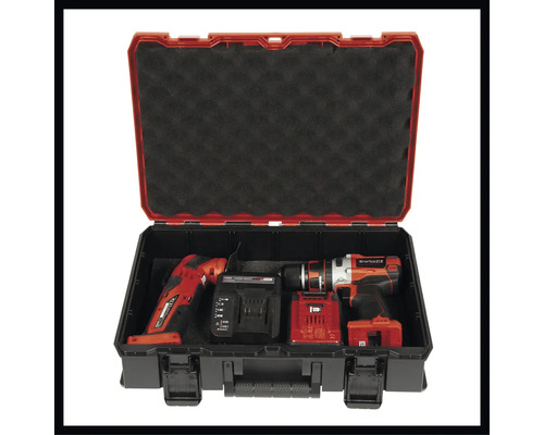 Boîte à outils avec perceuse-visseuse sans fil et autres outils