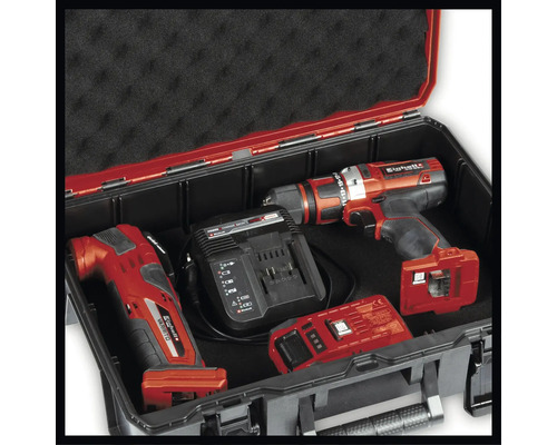 Kit d''outils Einhell avec perceuse-visseuse sans fil, outil multifonction, chargeur et batterie dans une boîte à outils