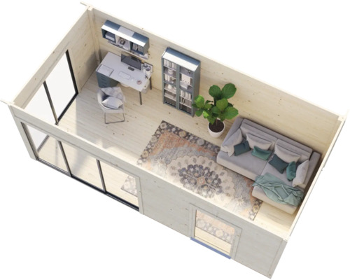 Innenansicht eines Gartenhauses mit Büromöbeln und Wohnbereich