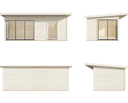 Ansichten eines Gartenhauses mit Schiebetür und Tür