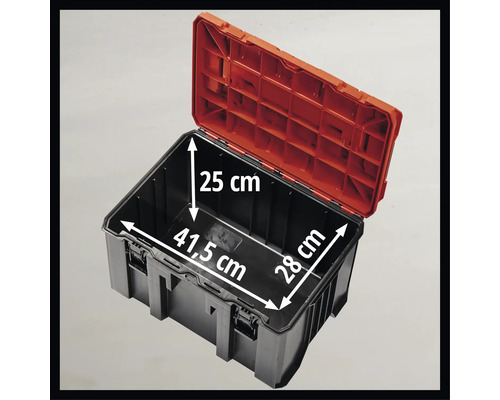 Boîte à outils ouverte mesurant 41,5 cm x 28 cm x 25 cm