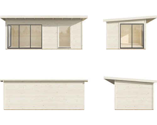 Ansichten eines Gartenhauses mit Flachdach, bestehend aus Holz und Glas