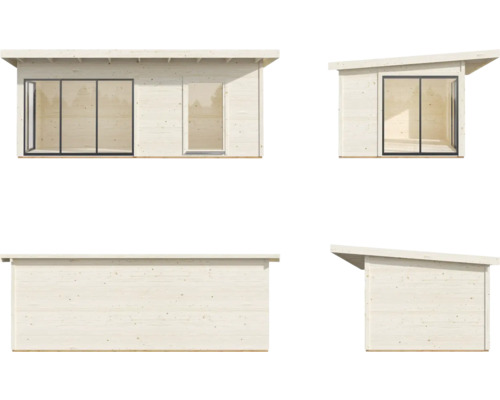 Holzgartenhaus mit Schiebetür und Pultdach in verschiedenen Ansichten