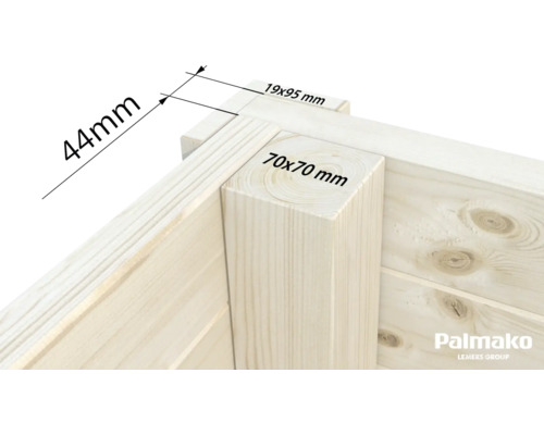 Detailansicht einer Holzecke mit Maßangaben: 44 mm, 19 x 95 mm, 70 x 70 mm. Palmako Logo