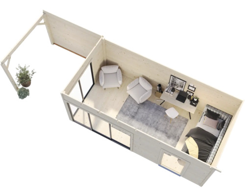 Innenansicht eines modernen Gartenhauses mit Büromöbeln und Entspannungsbereich