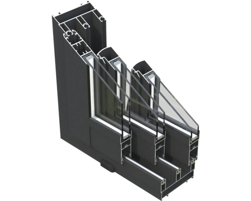 Querschnitt eines Aluminiumfensters mit Dreifachverglasung