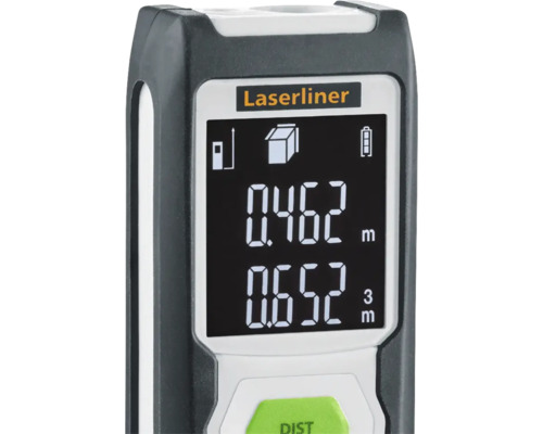 Logo Laserliner. Affichage d''un télémètre laser avec valeurs mesurées.